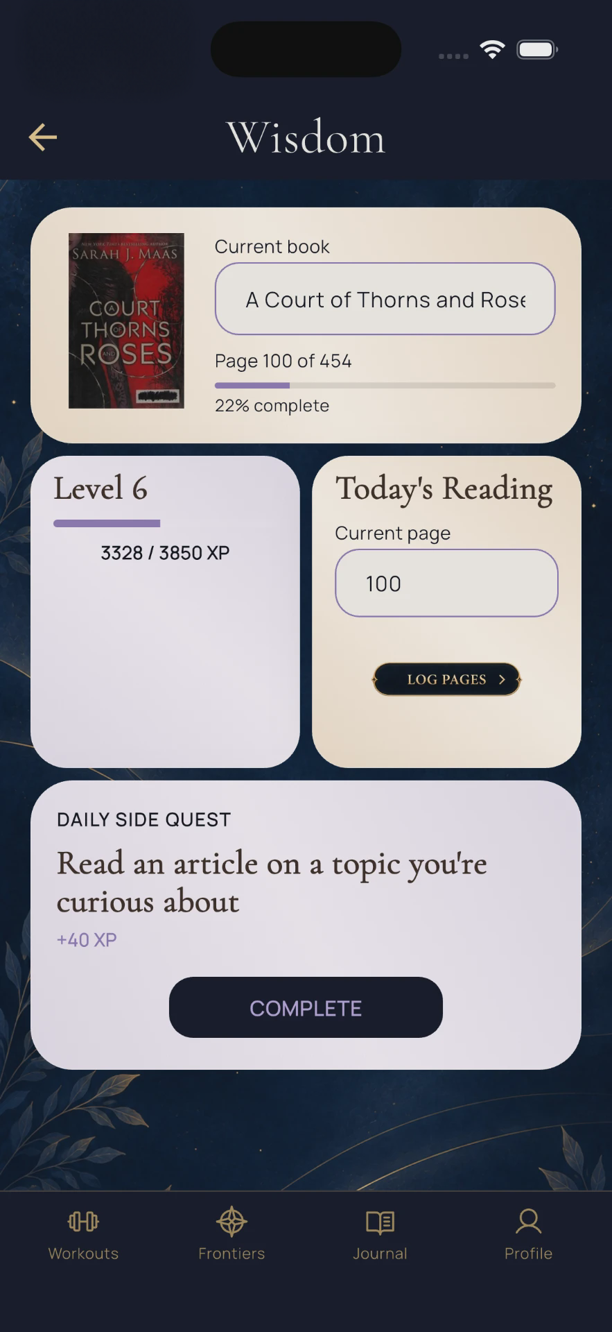 Syloria Wisdom screen showing current book and reading progress