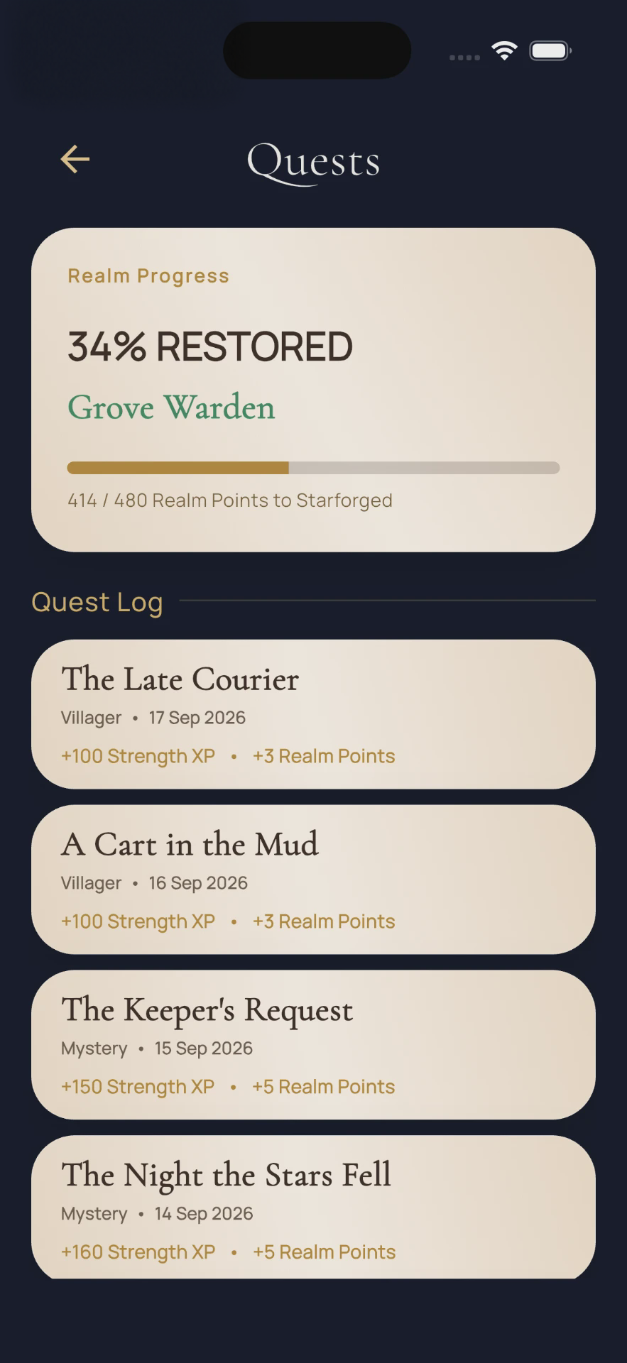 Syloria quest log showing completed real-world quests and Strength XP