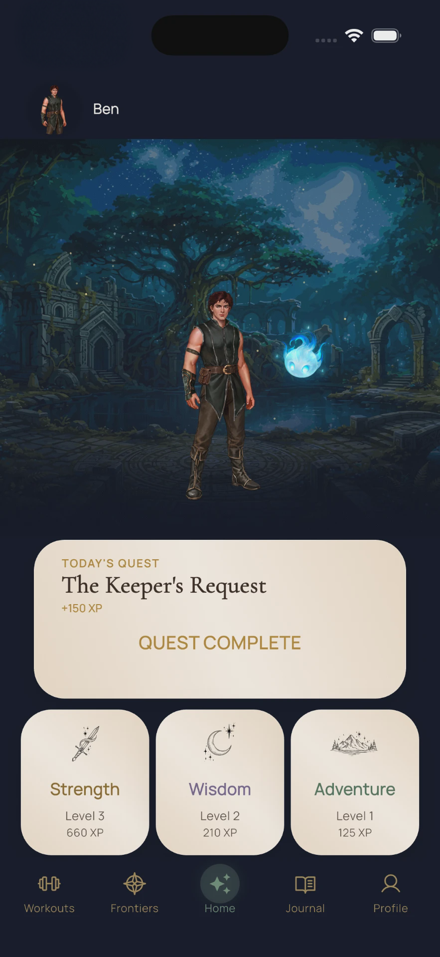 Syloria Home Screen showing Ben, today's quest, and Strength, Wisdom and Adventure progress