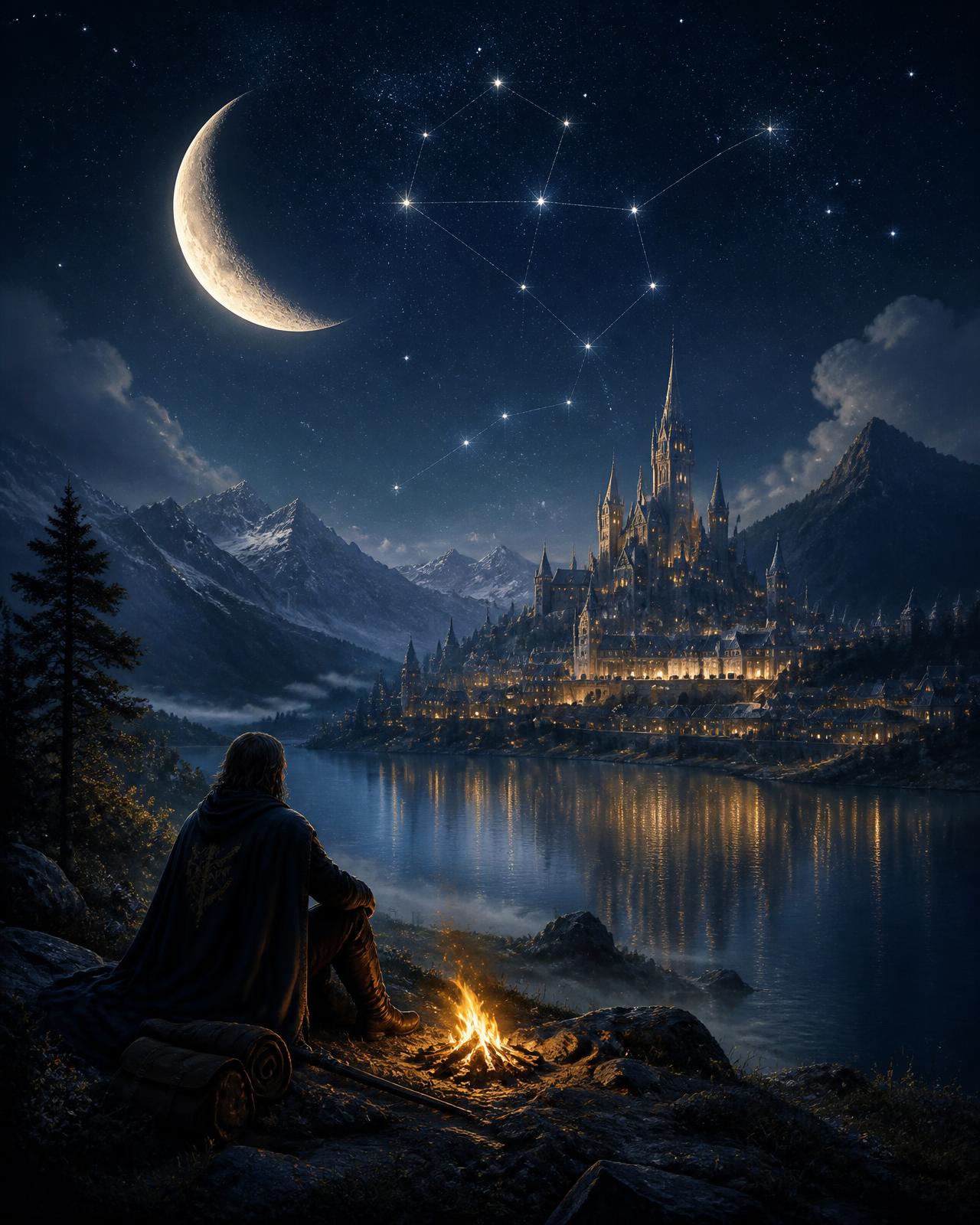 Concept artwork of a lone adventurer beside a campfire overlooking a moonlit kingdom beneath a sky of stars