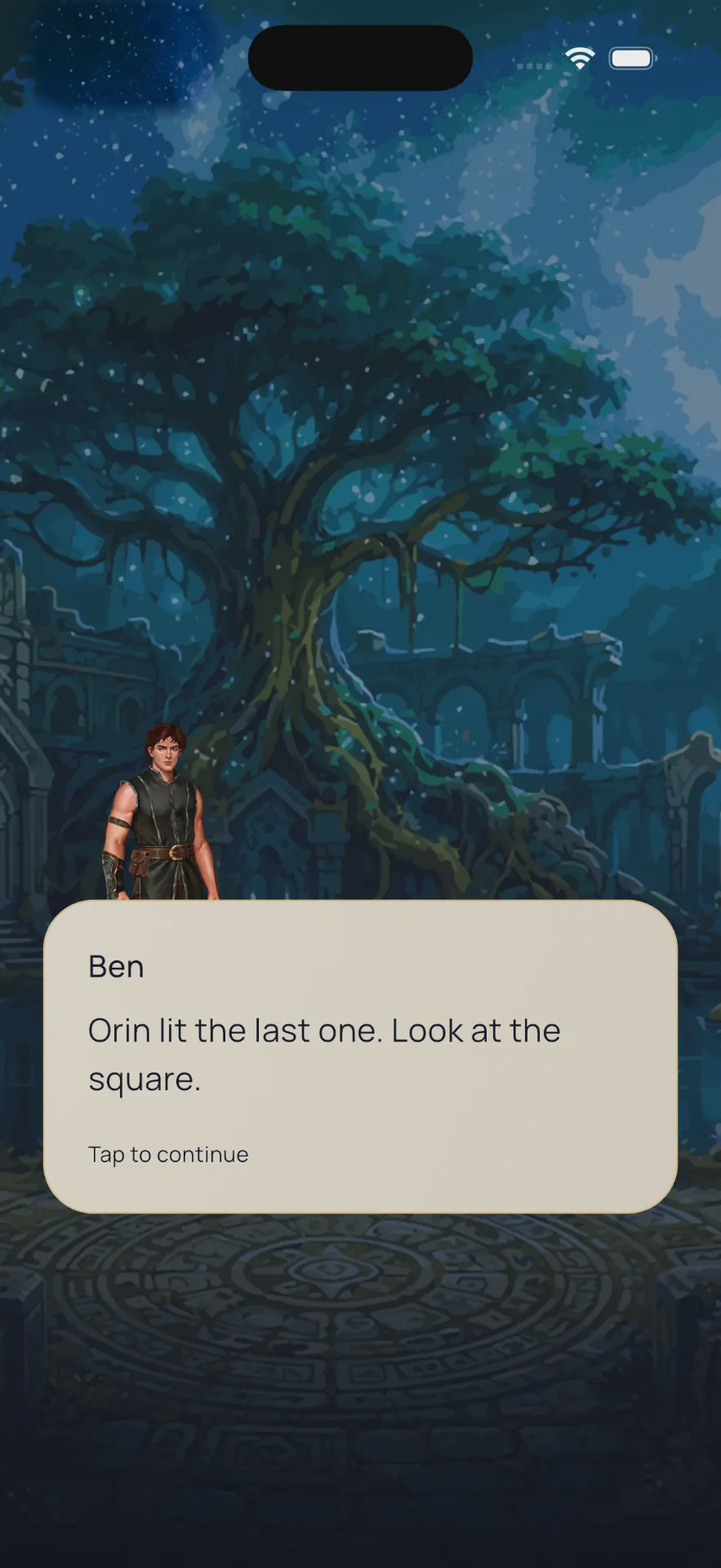 Syloria story scene showing Ben in Starlit Grove after completing a real-world quest